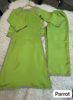 Zarmish Luxury Parrot Green Shamoz Silk 2PC Suit with Front & Back Crystal Stone Lace