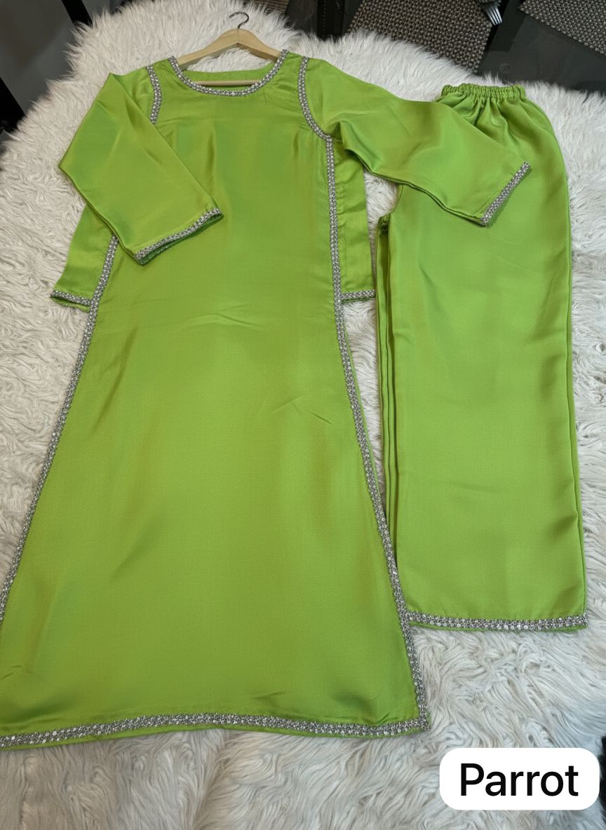 Zarmish Luxury Parrot Green Shamoz Silk 2PC Suit with Front & Back Crystal Stone Lace