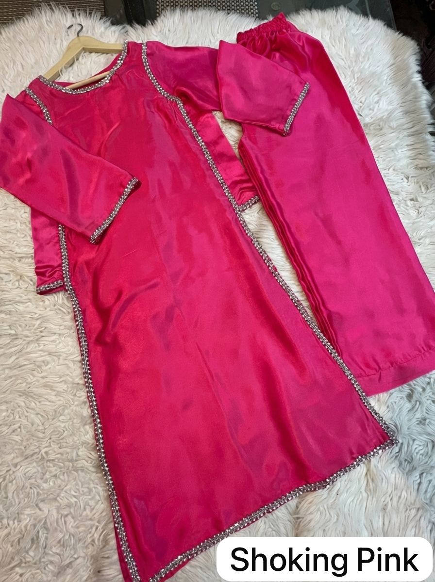 Zarmish Shocking Pink Shamoz Silk 2PC Suit with Crystal Stone Lace Work